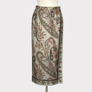 Talbots Womens Petite Silk Wrap Midi Skirt Green Brown Paisley Print size 8P